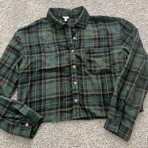 Women's Green Plaid Flannel Cropped Button-Up Top Size XS